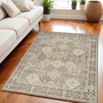 5' X 7' Green and Ivory Medallion Power Loom Distressed Area Rug