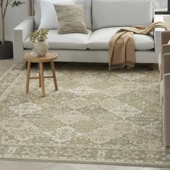 5' X 7' Green and Ivory Medallion Power Loom Distressed Area Rug
