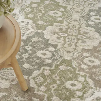 5' X 7' Green and Ivory Medallion Power Loom Distressed Area Rug