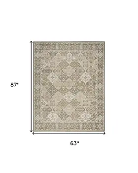 5' X 7' Green and Ivory Medallion Power Loom Distressed Area Rug