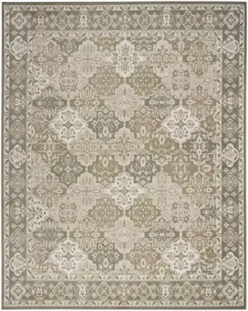 8' X 10' Green and Ivory Medallion Power Loom Distressed Area Rug