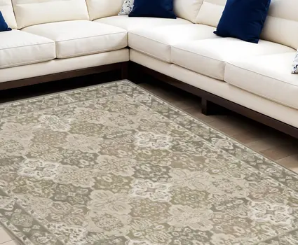 8' X 10' Green and Ivory Medallion Power Loom Distressed Area Rug