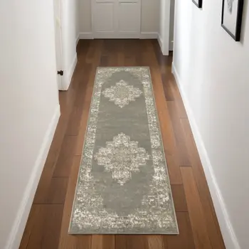 8' Green And Ivory Medallion Distressed Runner Rug