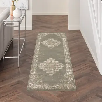 8' Green And Ivory Medallion Distressed Runner Rug