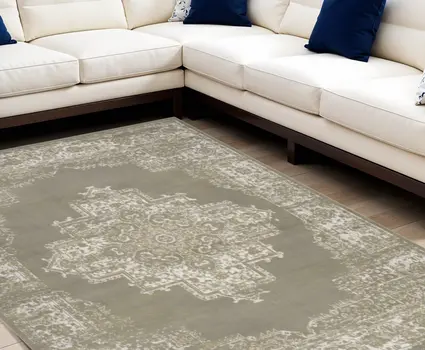 8' X 10' Green and Ivory Medallion Power Loom Distressed Area Rug