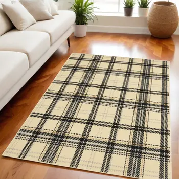 5' X 7' Beige and Black Plaid Power Loom Area Rug
