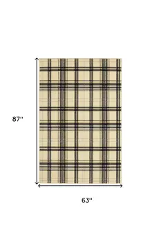 5' X 7' Beige and Black Plaid Power Loom Area Rug