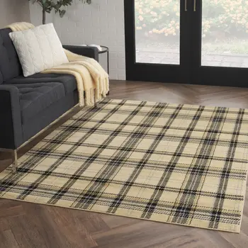 5' X 7' Beige and Black Plaid Power Loom Area Rug