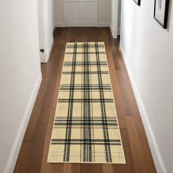 8' Beige And Black Plaid Runner Rug