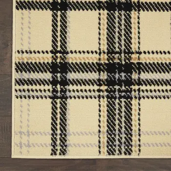 8' Beige And Black Plaid Runner Rug