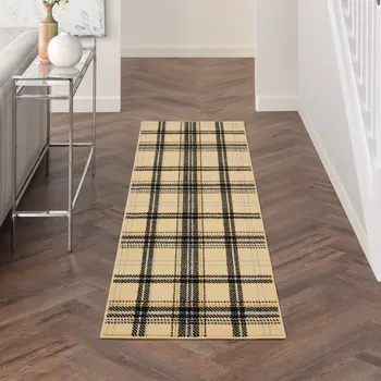 8' Beige And Black Plaid Runner Rug