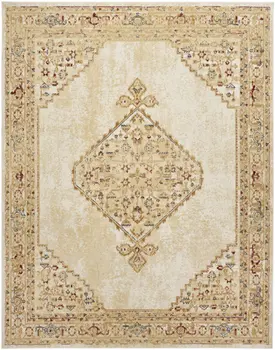 8' X 10' Beige and Ivory Medallion Power Loom Distressed Area Rug