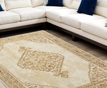 8' X 10' Beige and Ivory Medallion Power Loom Distressed Area Rug