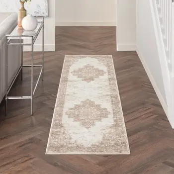 8' Beige And Ivory Medallion Distressed Runner Rug