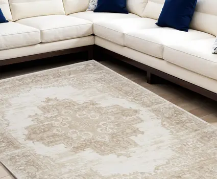 8' X 10' Beige and Ivory Medallion Power Loom Distressed Area Rug