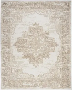 8' X 10' Beige and Ivory Medallion Power Loom Distressed Area Rug