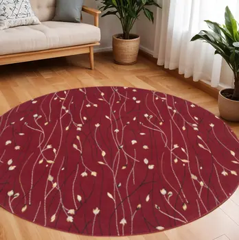 8' Red Black and Ivory Round Floral Vines Power Loom Area Rug