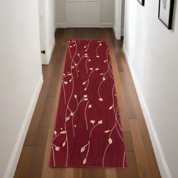 8' Red Black And Ivory Floral Vines Runner Rug