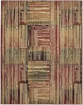 5' X 7' Tan Black and Red Striped Non Skid Area Rug