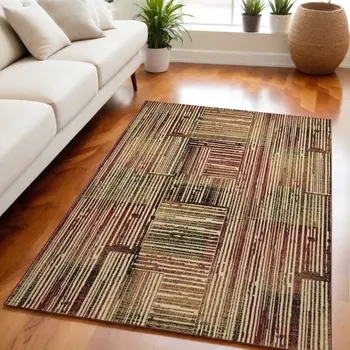 5' X 7' Tan Black and Red Striped Non Skid Area Rug