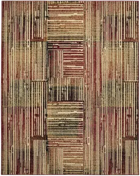 5' X 7' Tan Black and Red Striped Non Skid Area Rug