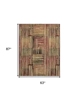 5' X 7' Tan Black and Red Striped Non Skid Area Rug