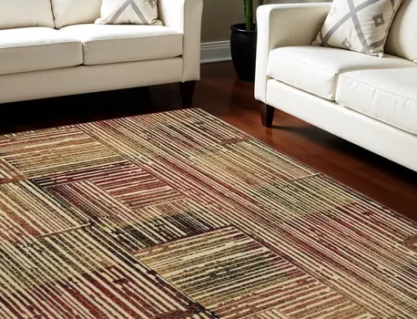 8' X 10' Tan Black and Red Striped Non Skid Area Rug