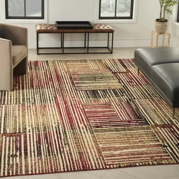 8' X 10' Tan Black and Red Striped Non Skid Area Rug
