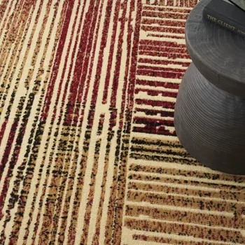 8' X 10' Tan Black and Red Striped Non Skid Area Rug