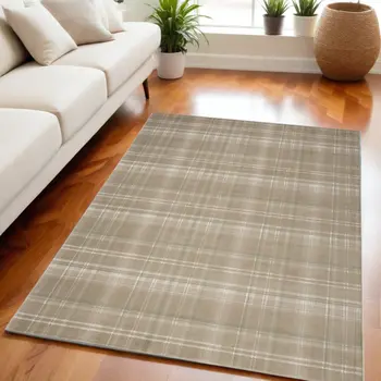 5' X 7' Brown and Ivory Plaid Non Skid Area Rug