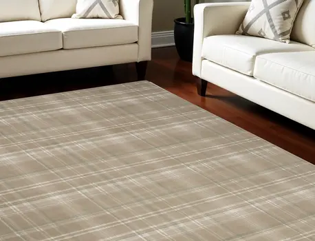 8' X 10' Brown and Ivory Plaid Non Skid Area Rug