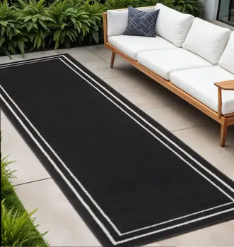 8' Black And Ivory Indoor Outdoor Runner Rug