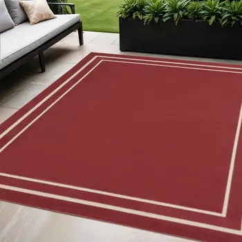 5' X 7' Brick Red And Ivory Indoor Outdoor Area Rug