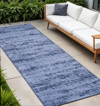 8' Denim Blue And Navy Blue Abstract Indoor Outdoor Runner Rug