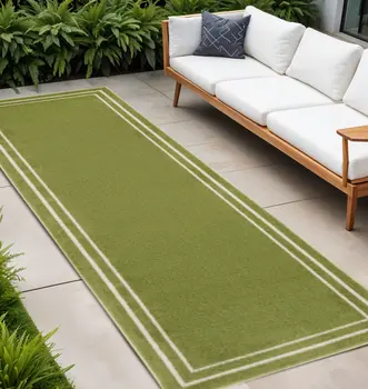 8' Green And Ivory Indoor Outdoor Runner Rug