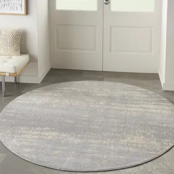 8' Gray And Beige Round Abstract Indoor Outdoor Area Rug