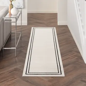 8' Ivory And Black Indoor Outdoor Runner Rug