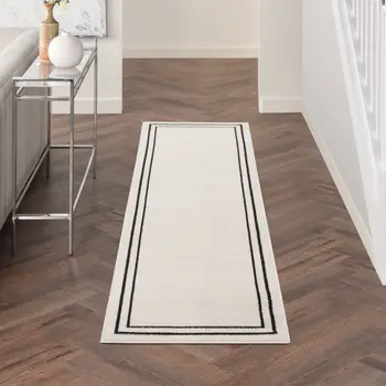 8' Ivory And Black Indoor Outdoor Runner Rug
