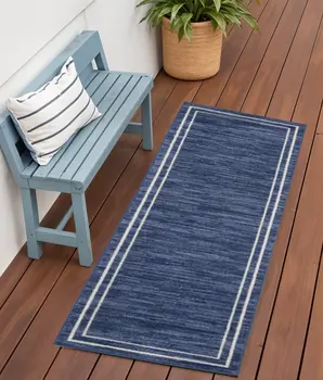 6' Navy Blue And Ivory Indoor Outdoor Runner Rug