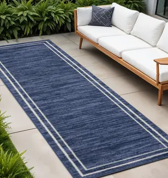 8' Navy Blue And Ivory Indoor Outdoor Runner Rug