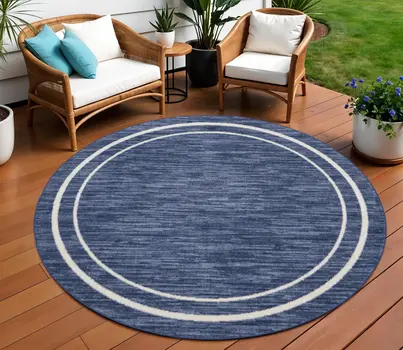 8' Navy Blue And Ivory Round Indoor Outdoor Area Rug