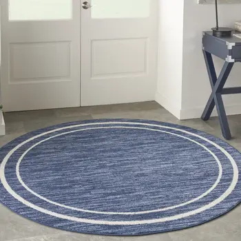 8' Navy Blue And Ivory Round Indoor Outdoor Area Rug