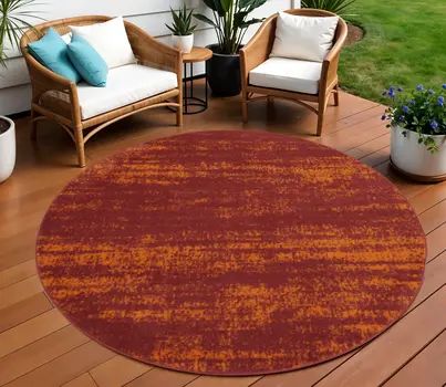 8' Red And Orange Round Abstract Indoor Outdoor Area Rug