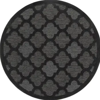 4' Charcoal And Black Round Trellis Indoor Outdoor Area Rug
