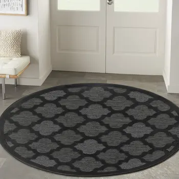 4' Charcoal And Black Round Trellis Indoor Outdoor Area Rug