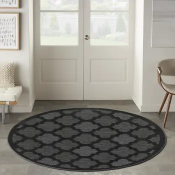 5' Charcoal And Black Round Trellis Indoor Outdoor Area Rug