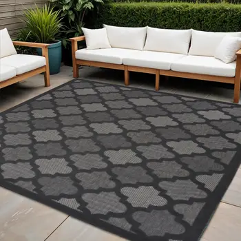 5' Charcoal And Black Square Trellis Indoor Outdoor Area Rug