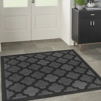 5' Charcoal And Black Square Trellis Indoor Outdoor Area Rug
