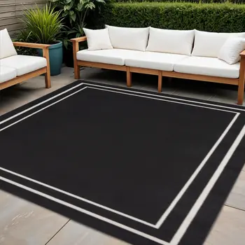 5' Black And Ivory Square Indoor Outdoor Area Rug