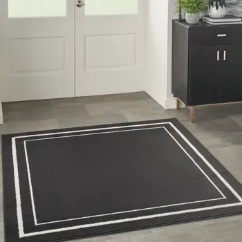 5' Black And Ivory Square Indoor Outdoor Area Rug